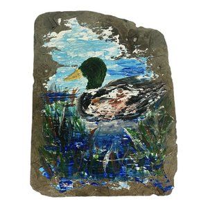 Duck in Water Hand Painted on Stone Slab Nature Rock Painting Green Head Water